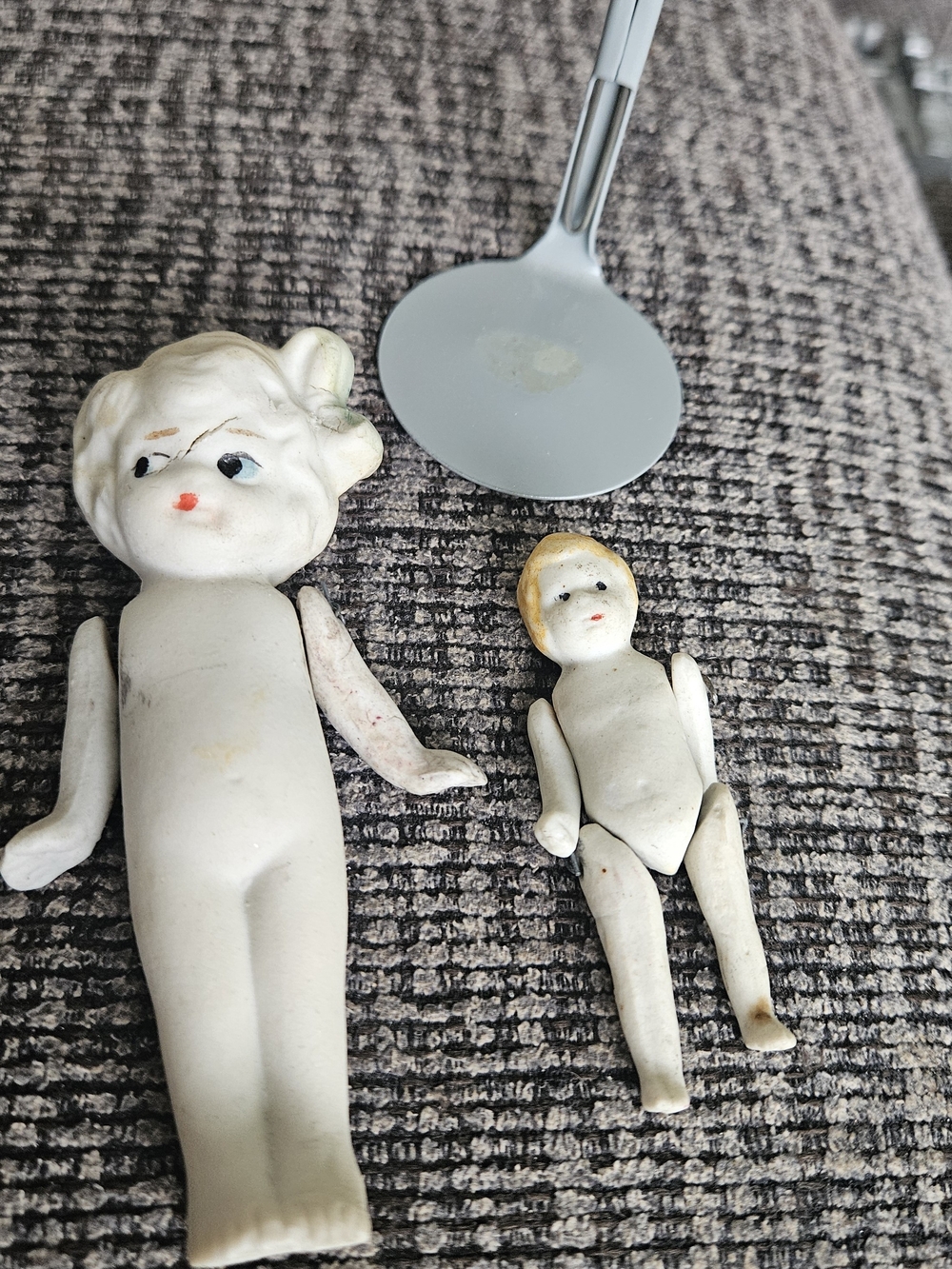 Antique (1920s) Two Flapper 4" "Penny"Dolls & Silver 3" Stand. Molded body.